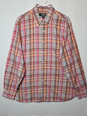 Brooks Brothers Made In USA Shirt Mens Large Orange Navy Plaid Button-Down 23ptp